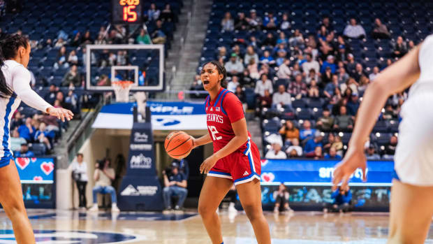 Kansas freshman guard S'mya Nichols yells out the play during a Jayhawk possession against the BYU Cougars in Provo, UT.